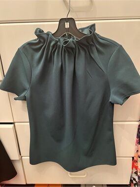 Ann Taylor Teal Ruffle-Neck Short Sleeve Blouse